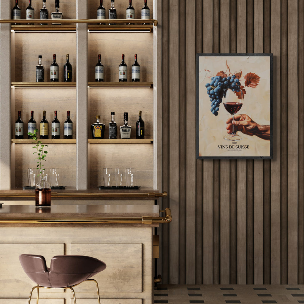 Before being in the glass - Poster featuring a hand holding wine and dark grapes in a stylish bar setting.