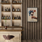 Before being in the glass - Poster featuring a hand holding wine and dark grapes in a stylish bar setting.