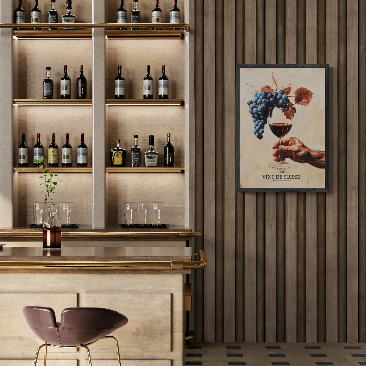 Before being in the glass - Poster featuring a hand holding wine and dark grapes in a stylish bar setting.