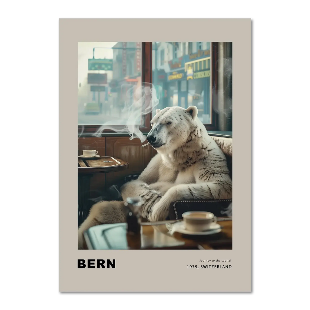 Jorney to the capital, Bern - Poster featuring a polar bear in a café with warm tones and cinematic atmosphere.