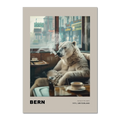Jorney to the capital, Bern - Poster featuring a polar bear in a café with warm tones and cinematic atmosphere.