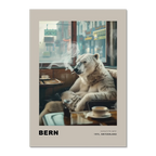 Jorney to the capital, Bern - Poster featuring a polar bear in a café with warm tones and cinematic atmosphere.