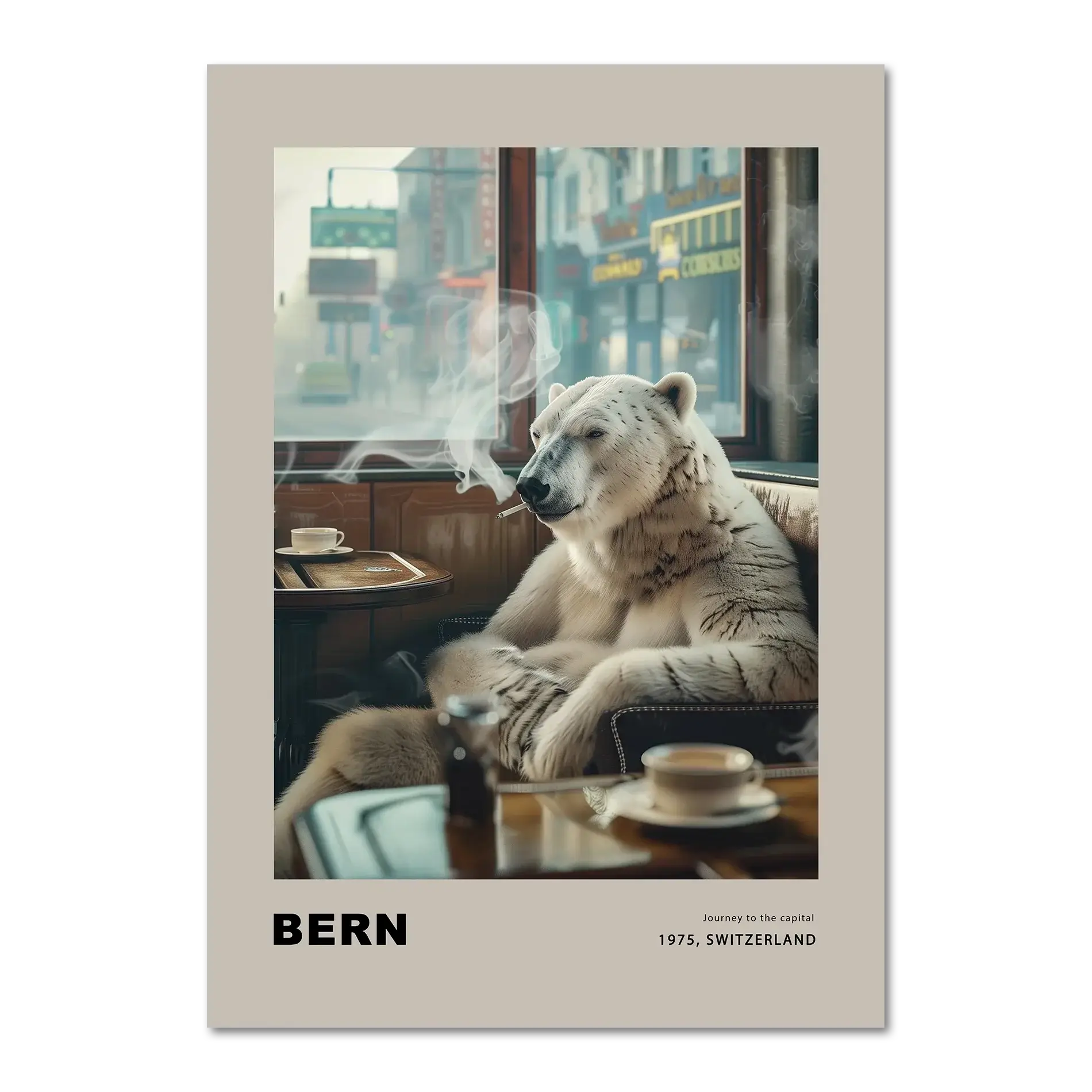 Jorney to the capital, Bern - Poster featuring a polar bear in a café with warm tones and cinematic atmosphere.