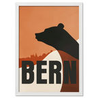 Bern Silhouette - Poster featuring a bear silhouette over Bern's cityscape in warm orange tones.