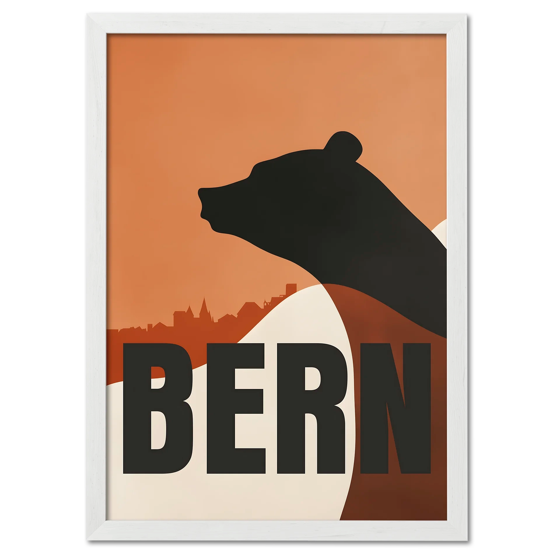 Bern Silhouette - Poster featuring a bear silhouette over Bern's cityscape in warm orange tones.