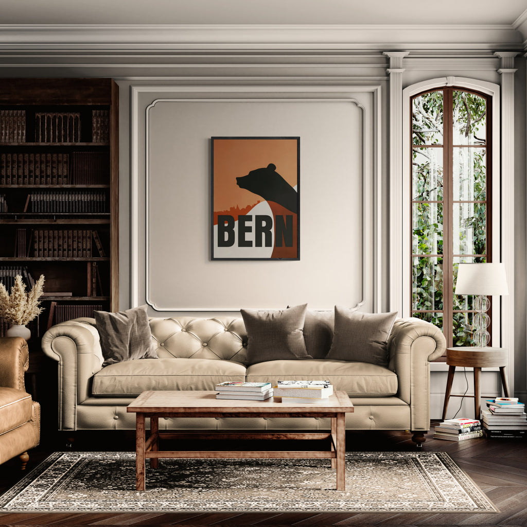 Stylish living room featuring the Bern Silhouette - Poster above a beige sofa, enhancing modern interior design.