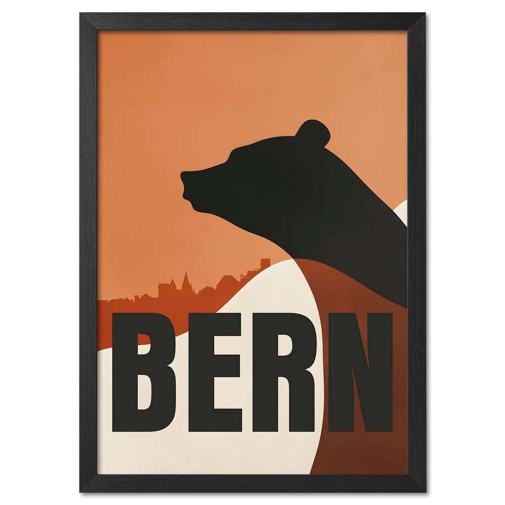Bern Silhouette - Poster featuring bear silhouette, cityscape of Bern in warm colors, minimalist design.