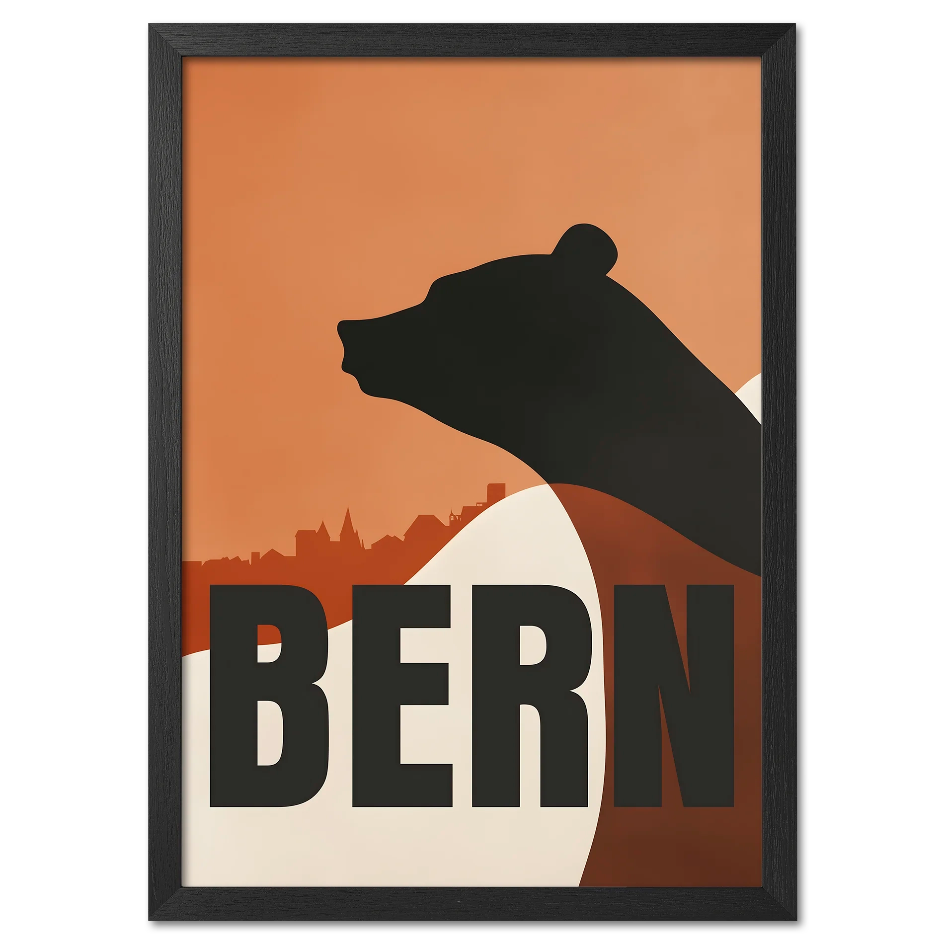 Bern Silhouette - Poster featuring bear silhouette, cityscape of Bern in warm colors, minimalist design.