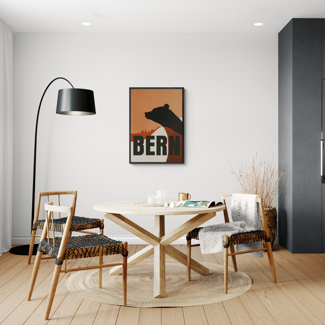 Bern Silhouette - Poster displayed in a modern dining room with minimalist decor and warm tones.