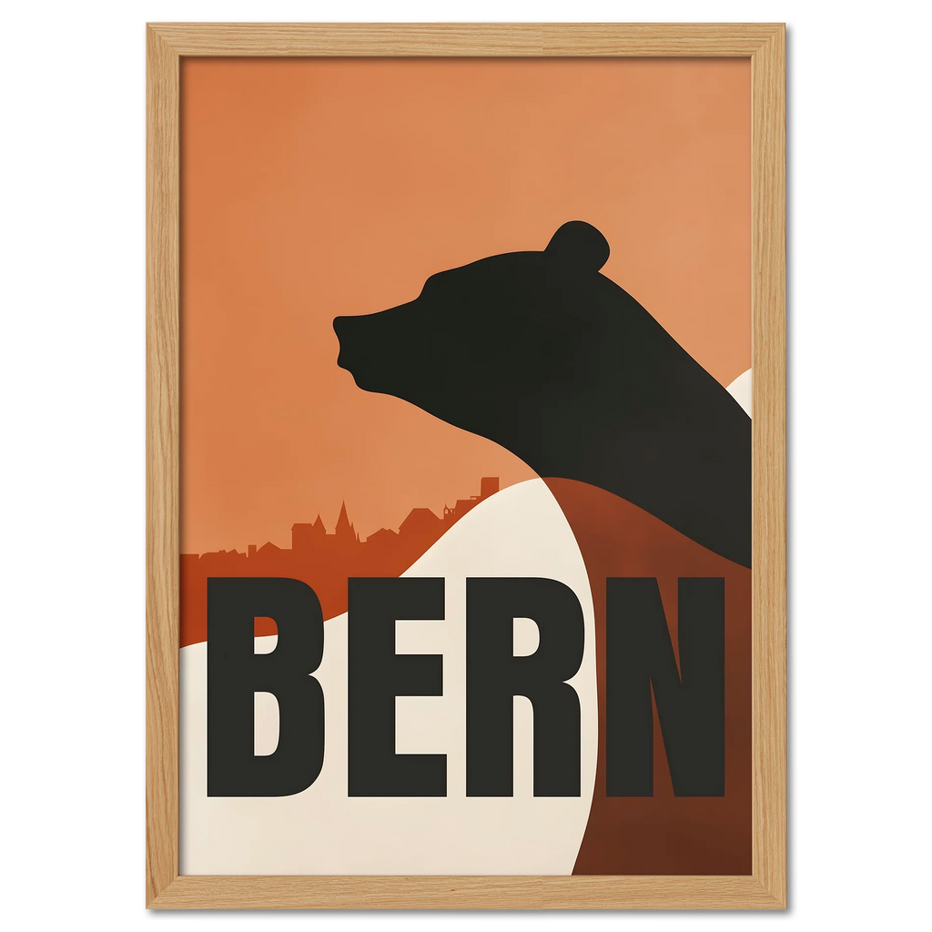 Bern Silhouette - Poster featuring a bear silhouette above the cityscape of Bern in warm tones.