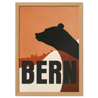 Bern Silhouette - Poster featuring a bear silhouette above the cityscape of Bern in warm tones.