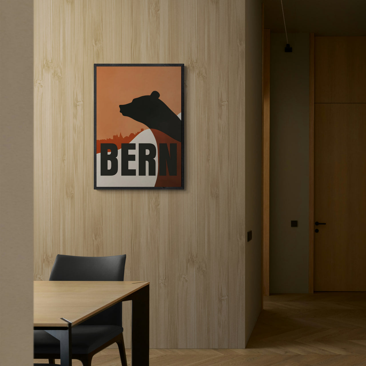Bern Silhouette - Poster featuring bear silhouette and cityscape, modern wall art for minimalist interiors.