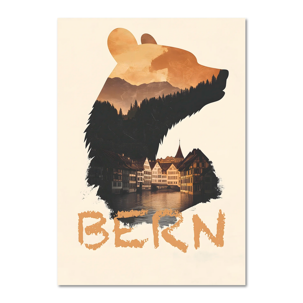 Bern – Spirit of the Bear - Poster featuring a bear silhouette with warm mountain scenery and historic Bern architecture.