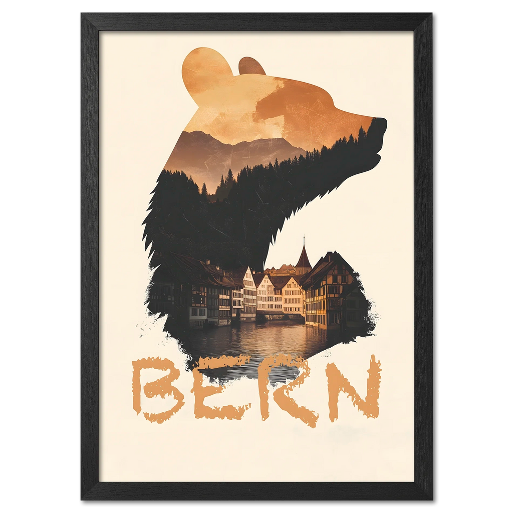 Bern – Spirit of the Bear - Poster featuring bear silhouette with mountain scenery and historic Bern architecture.