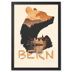Bern – Spirit of the Bear - Poster featuring bear silhouette with mountain scenery and historic Bern architecture.
