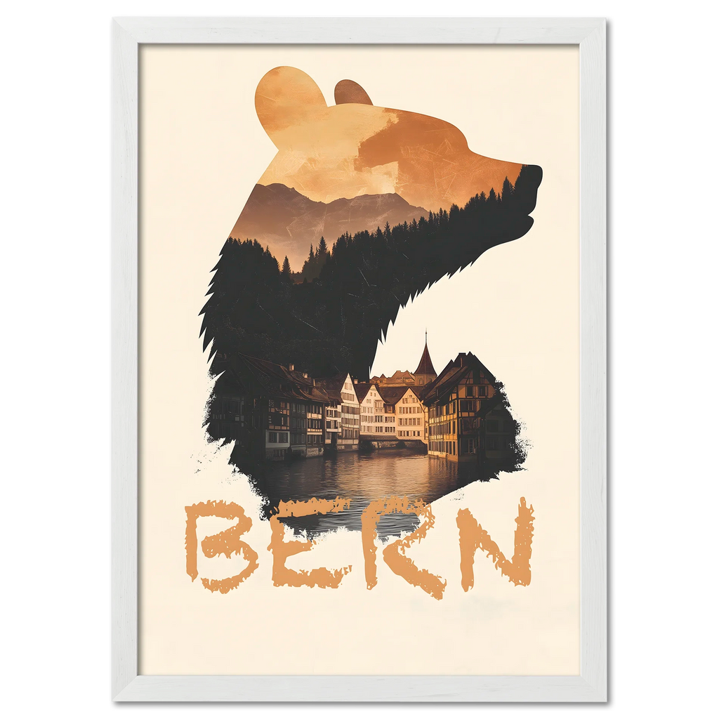 Bern – Spirit of the Bear - Poster featuring a bear silhouette with mountain scenery and historic Bern architecture.