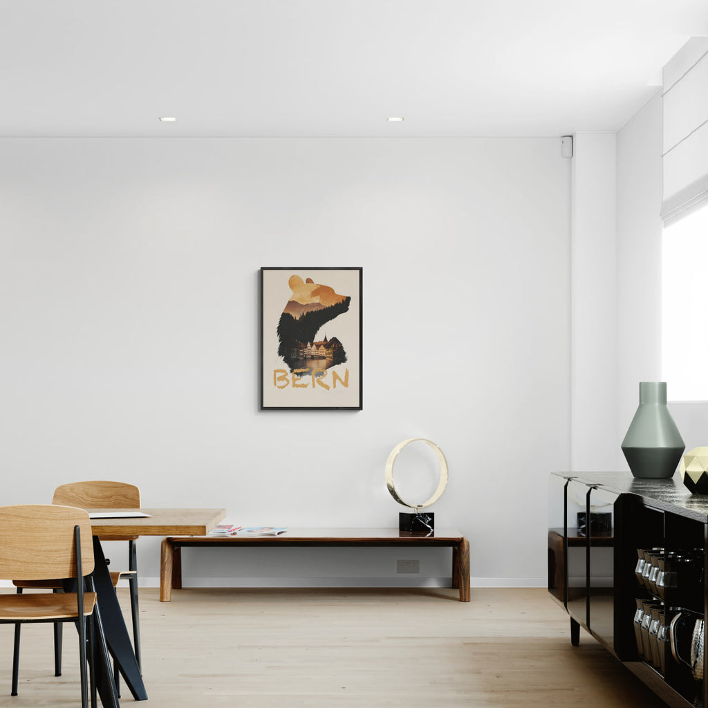 Bern – Spirit of the Bear - Poster displayed in a modern minimalist interior, showcasing bold bear silhouette and sunset colors.