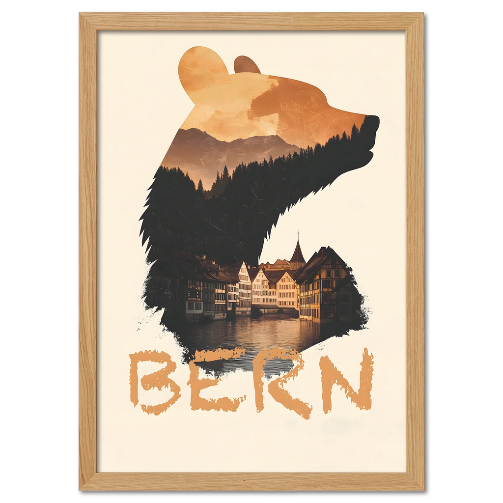Bern – Spirit of the Bear - Poster featuring a bear silhouette with mountain scenery and historic Bern architecture.