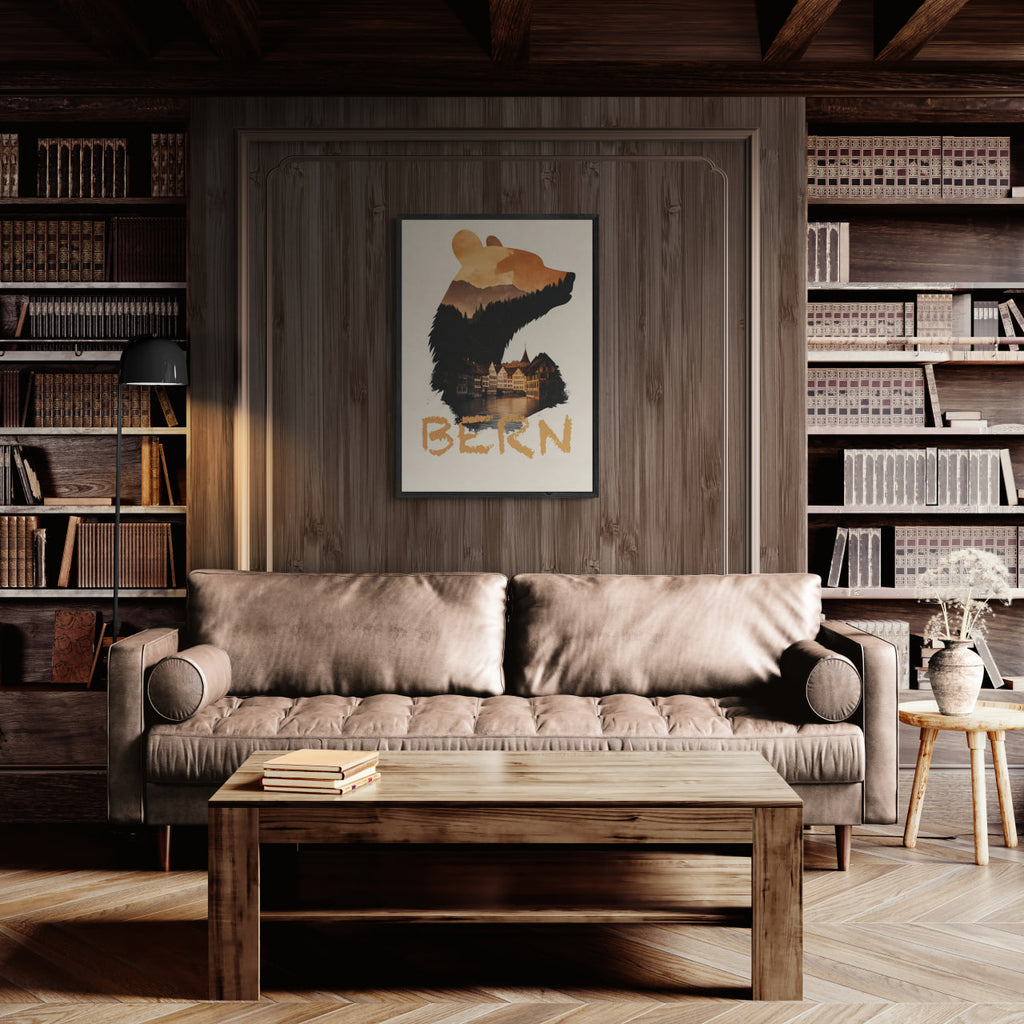 Bern – Spirit of the Bear - Poster displayed in a modern minimalist interior, featuring soft orange tones and a bear silhouette.