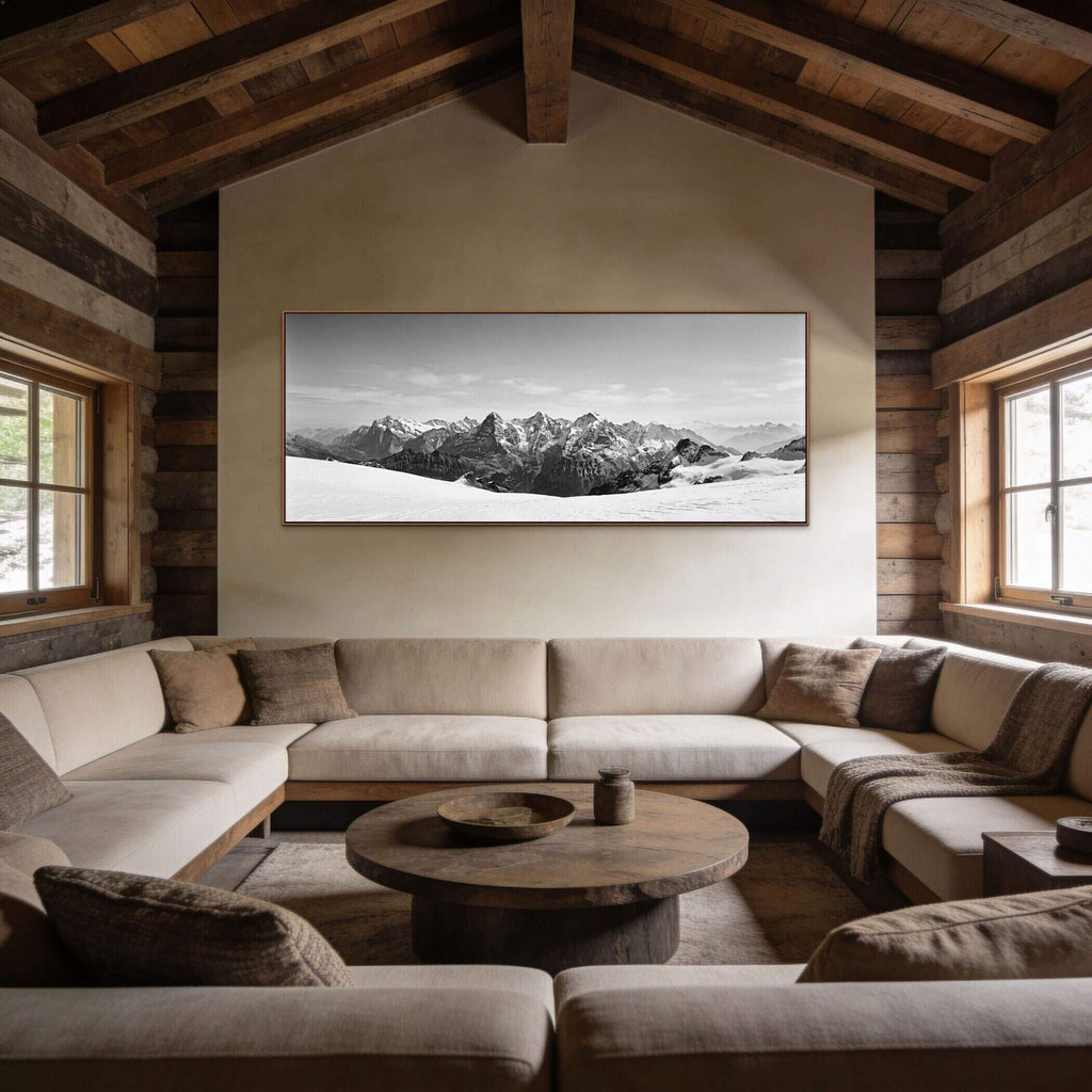 Bernese Alps Endless Horizon – Alu-Dibond wall art displayed in a rustic cabin living room.