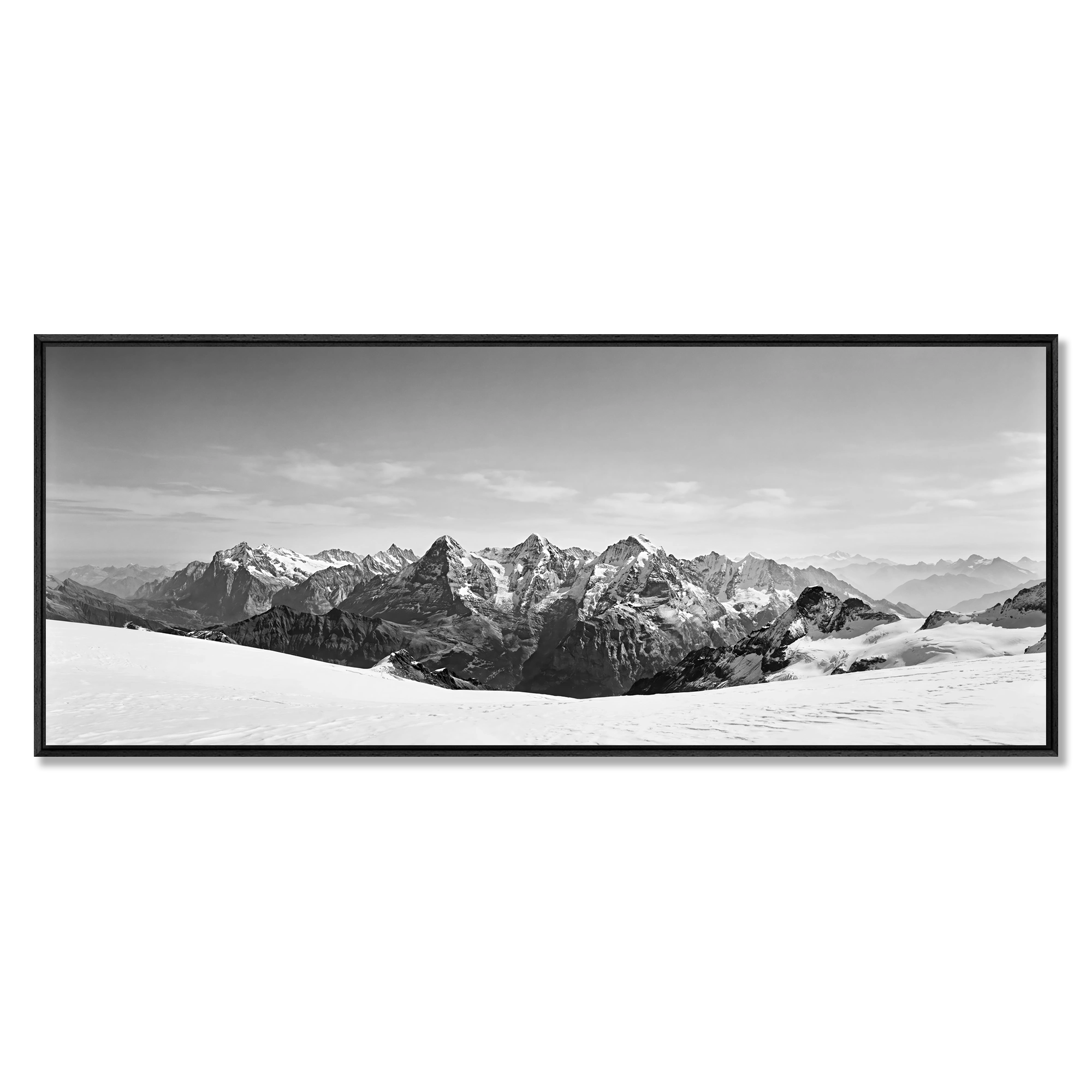 Bernese Alps Endless Horizon – Alu-Dibond wall art showcasing a panoramic view of snow-covered mountains.