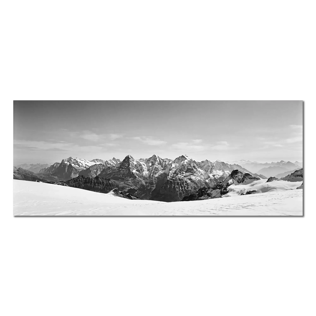 Bernese Alps Endless Horizon – Alu-Dibond wall art showcasing stunning mountain panorama in black and white.