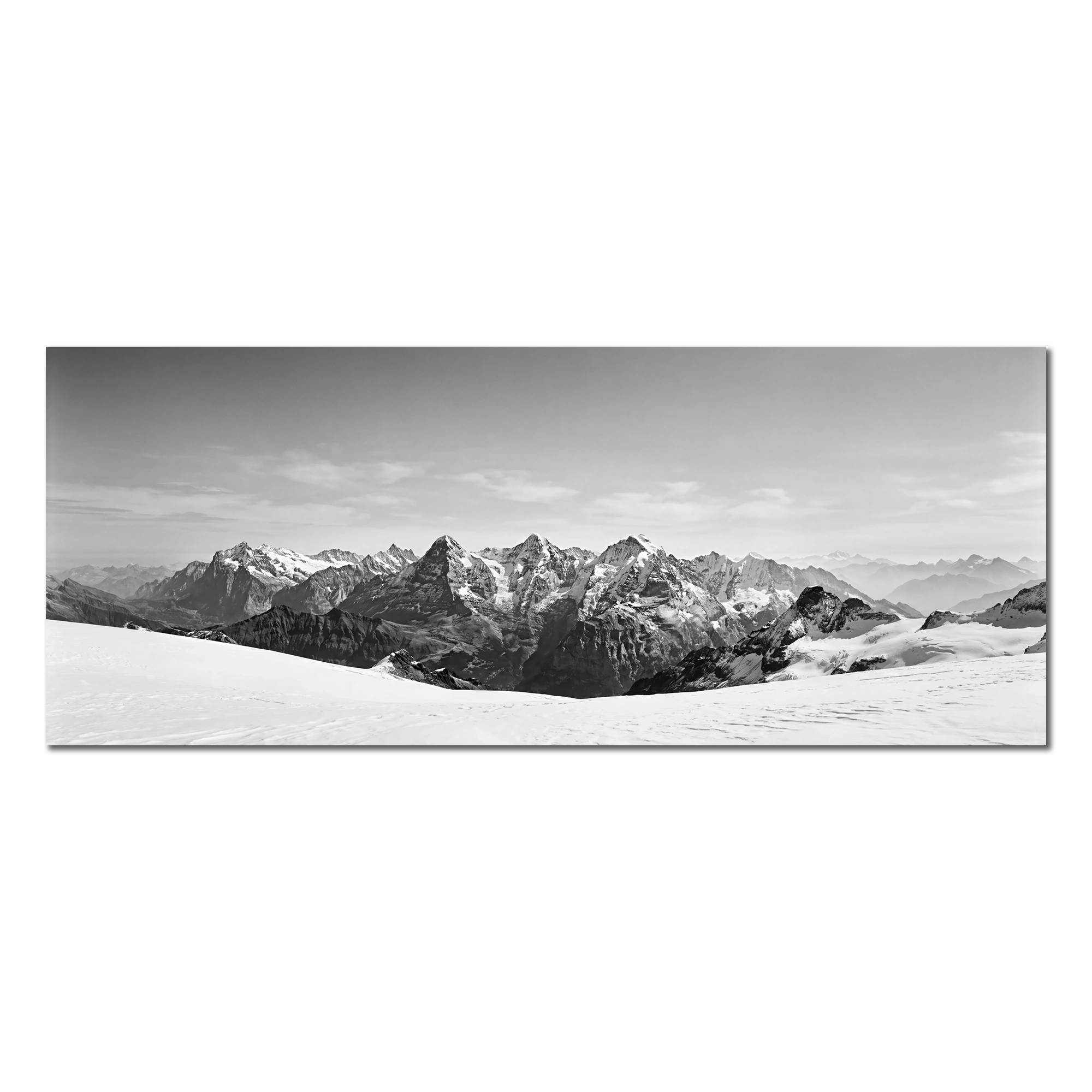 Bernese Alps Endless Horizon – Alu-Dibond wall art showcasing stunning mountain panorama in black and white.