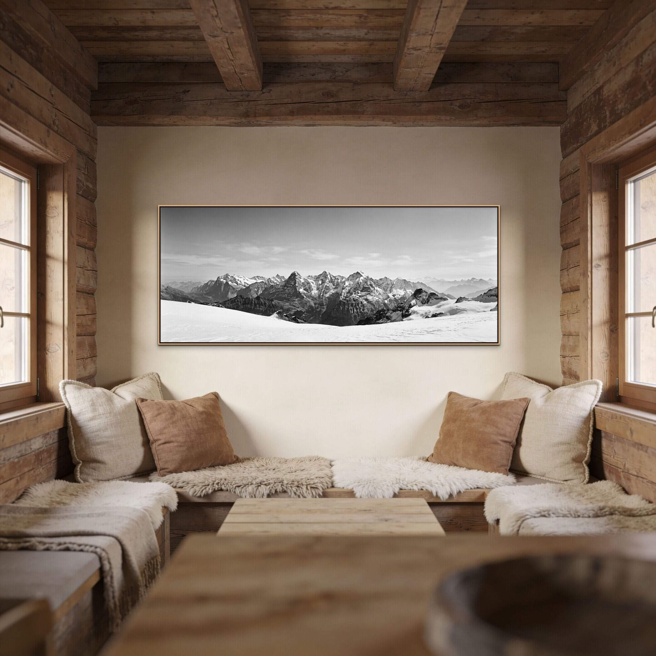 Bernese Alps Endless Horizon – Alu-Dibond wall art displayed in a cozy mountain cabin interior.