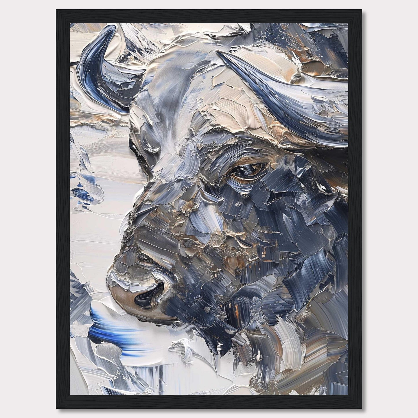 This stunning artwork captures the powerful essence of a bull through bold, textured brushstrokes. The painting's rich, earthy tones and dynamic use of color create a sense of strength and majesty.