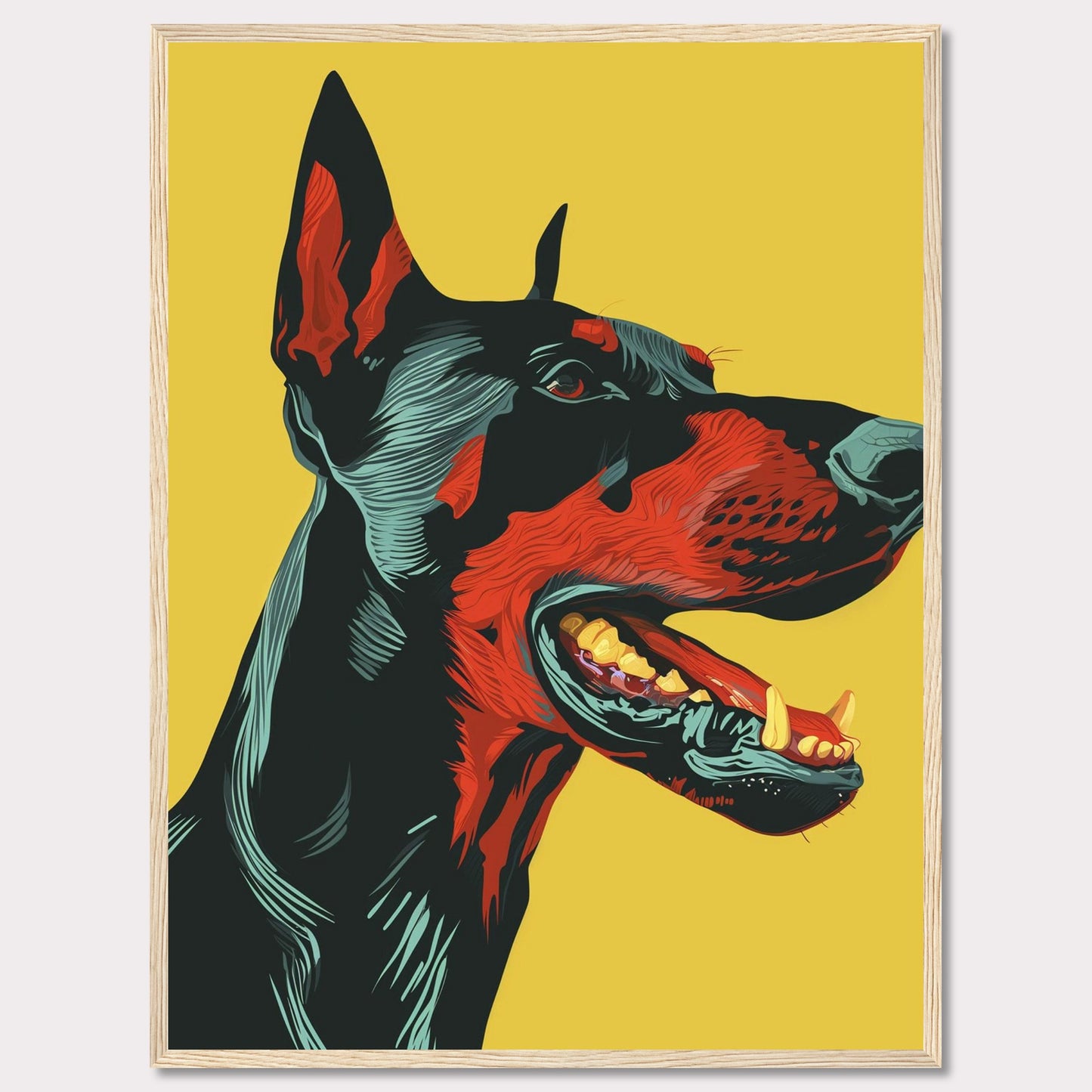 This vibrant artwork features a striking, stylized portrait of a Doberman against a bold yellow background. The detailed illustration showcases the dog's fierce expression with vivid red and black hues, emphasizing its strong and dynamic presence. The piece is framed in a sleek black border, enhancing its modern aesthetic.