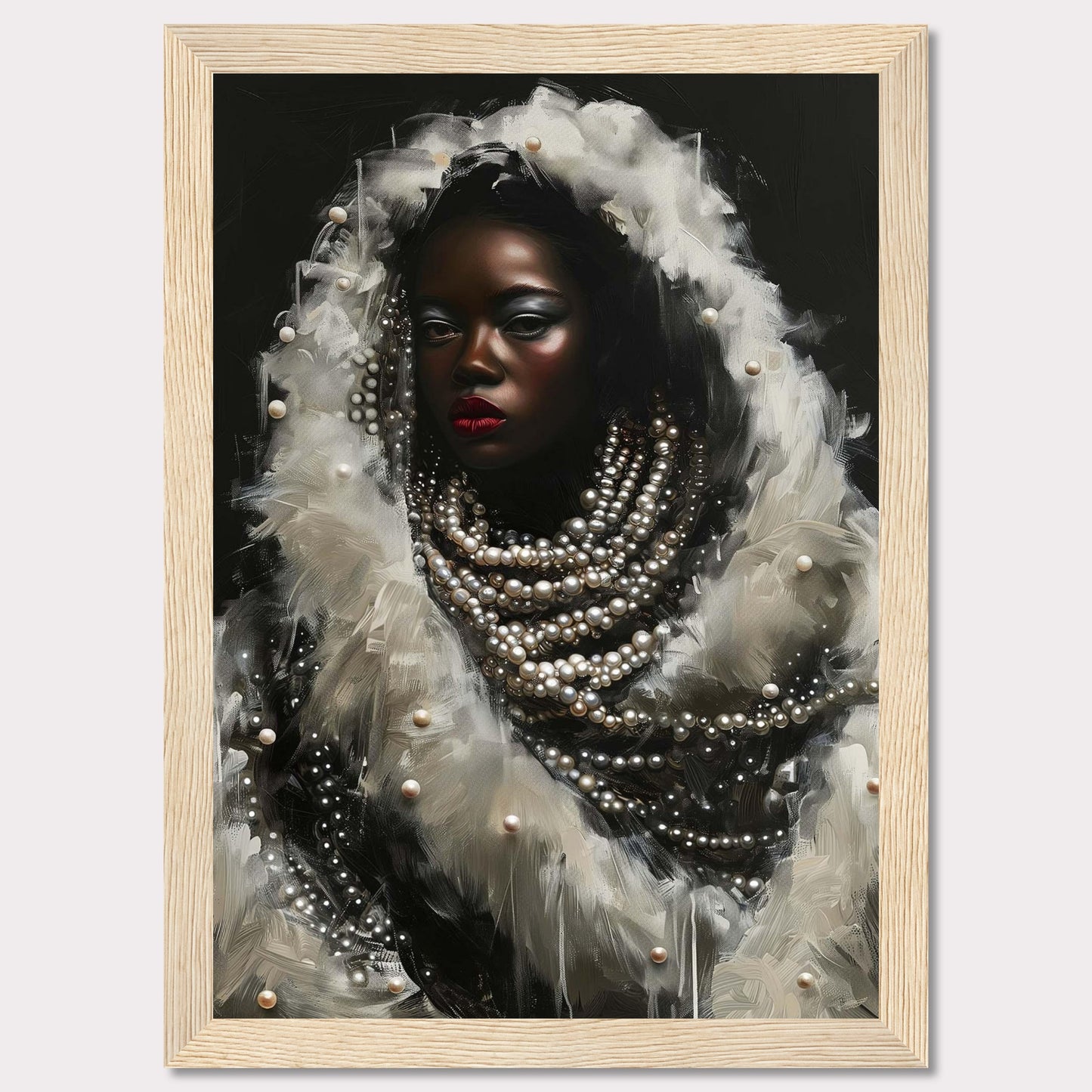 This captivating artwork features a striking portrait of a woman adorned with layers of pearls and white feathers. The dark background accentuates her luminous skin and bold red lips, creating a dramatic contrast. The intricate details of the pearls and feathers add a sense of luxury and elegance to the piece.