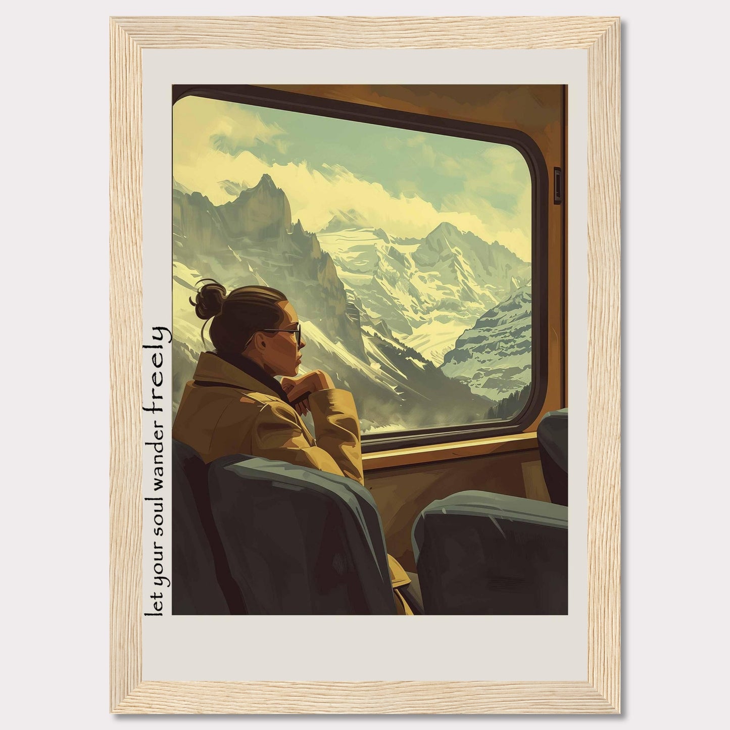 This image depicts a serene moment of a woman gazing out of a train window at a breathtaking mountain landscape. The scene is framed with the text "Let your soul wander freely" on the left side.