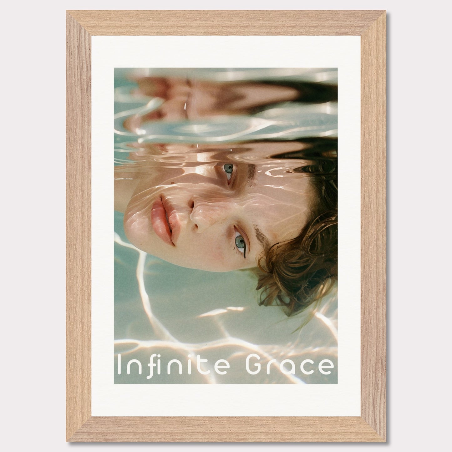 This is an illustration of a person's face partially submerged in water, creating a reflective and serene effect. The text "Infinite Grace" is displayed at the bottom of the image.

Where will this poster fit: This poster would fit well in a modern living room, a bedroom, or a creative studio space.