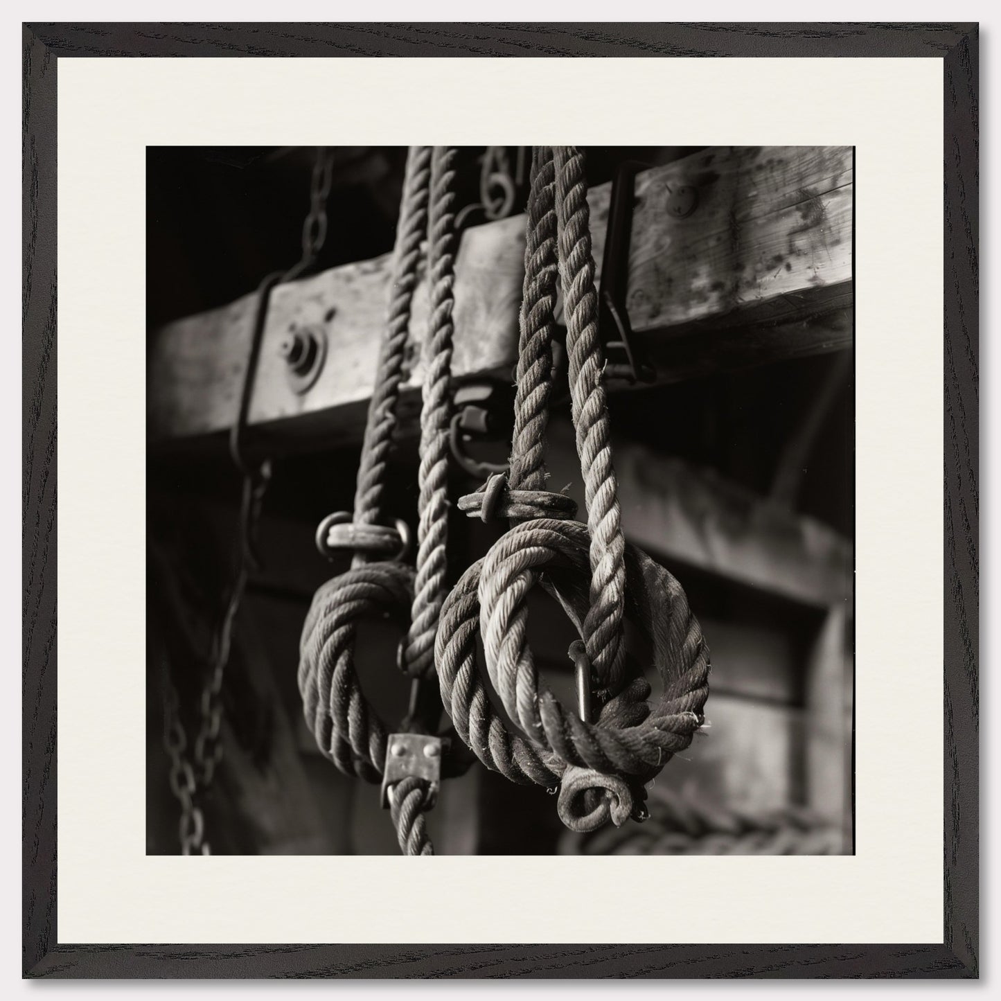 This black and white illustration depicts a close-up view of coiled ropes hanging from wooden beams, evoking a rustic or nautical theme.