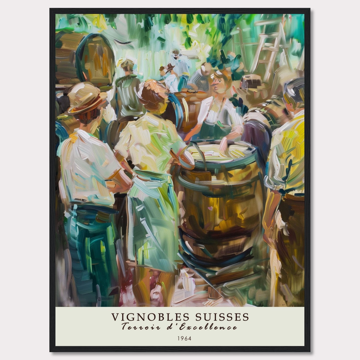 This vibrant painting captures a lively scene of people gathered around wine barrels, reflecting the rich tradition of Swiss vineyards.