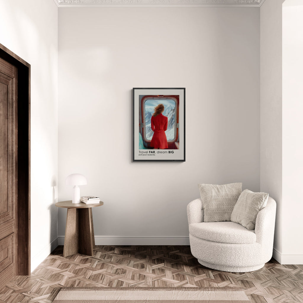 Big Journey - Poster featuring a woman in a red dress looking out at snowy peaks, perfect wall art for modern decor.