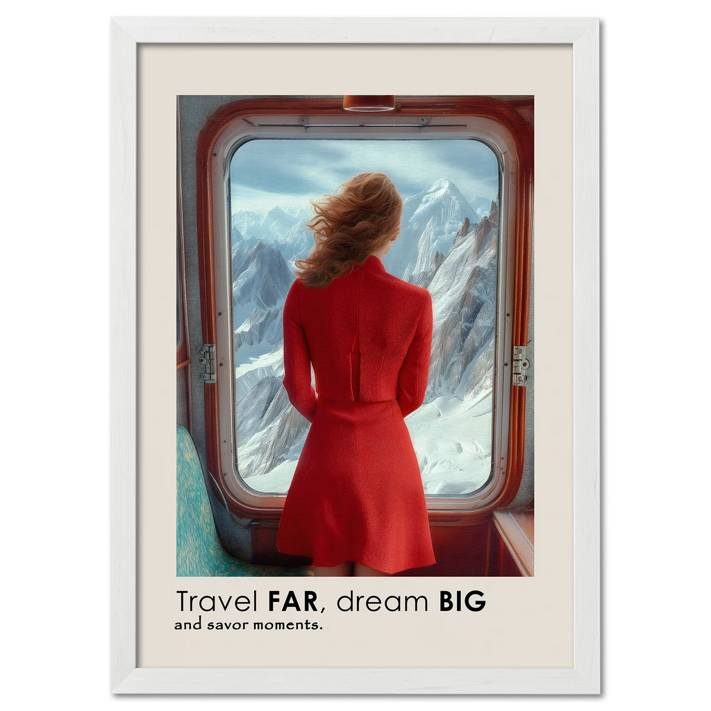 Big Journey - Poster featuring a woman in a red dress looking at snowy mountains from a train window.