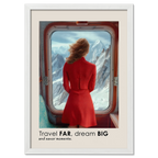 Big Journey - Poster featuring a woman in a red dress looking at snowy mountains from a train window.