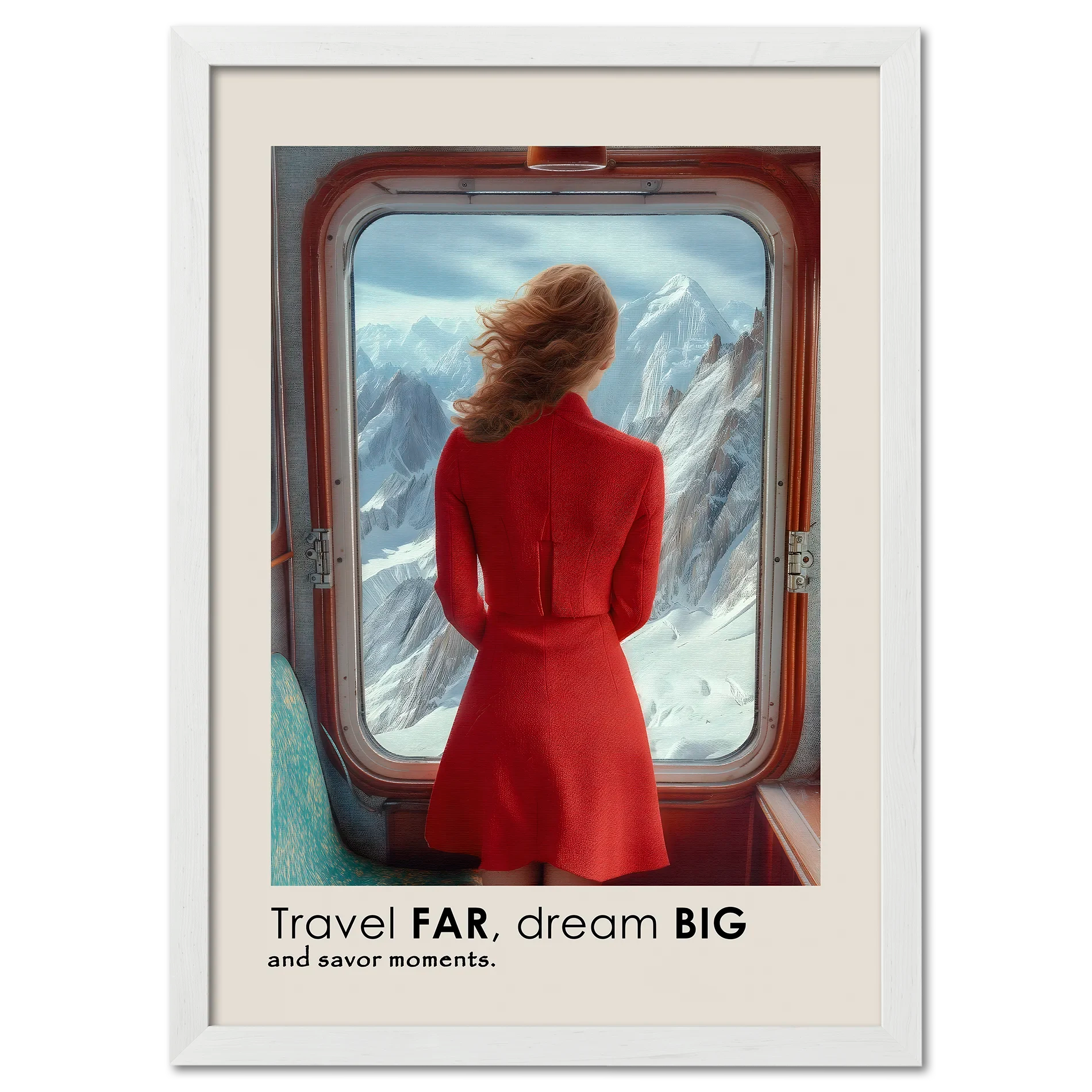 Big Journey - Poster featuring a woman in a red dress looking at snowy mountains from a train window.