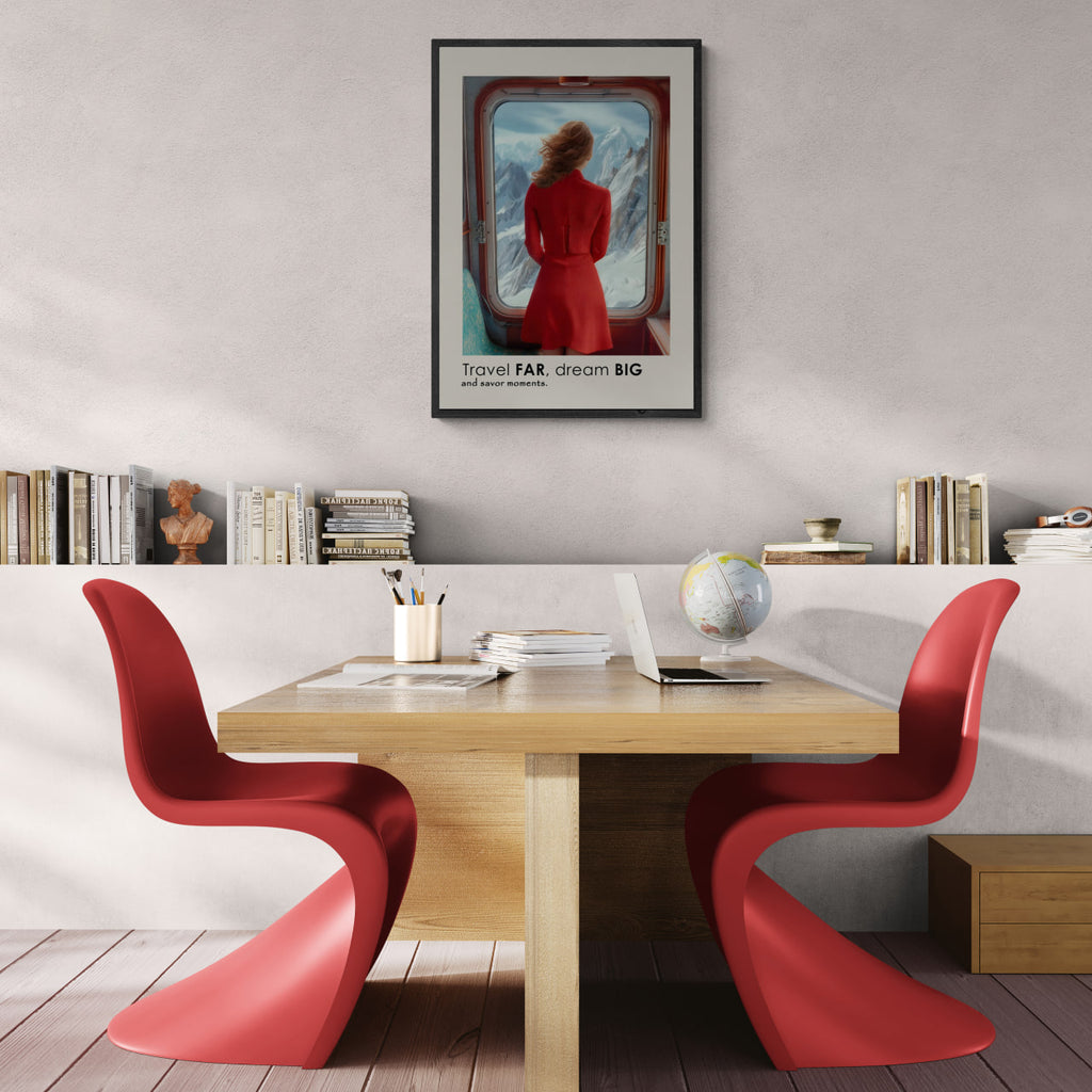 Big Journey - Poster featuring a woman in a red dress looking out at snowy mountains from a train window.