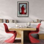 Big Journey - Poster featuring a woman in a red dress looking out at snowy mountains from a train window.