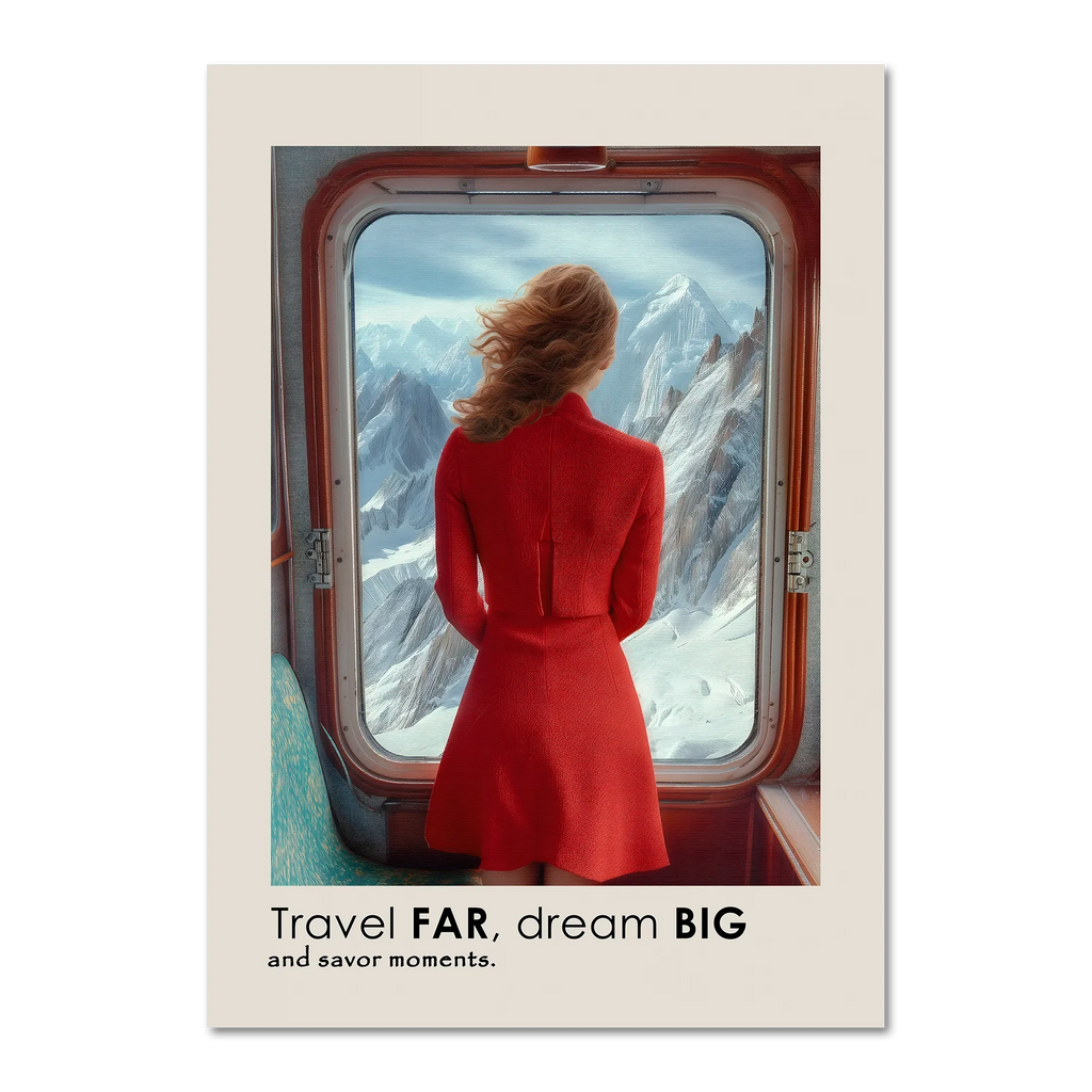Big Journey - Poster of a woman in a red dress looking at snowy mountains from a train window.