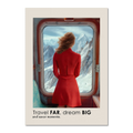 Big Journey - Poster of a woman in a red dress looking at snowy mountains from a train window.