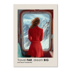 Big Journey - Poster of a woman in a red dress looking at snowy mountains from a train window.
