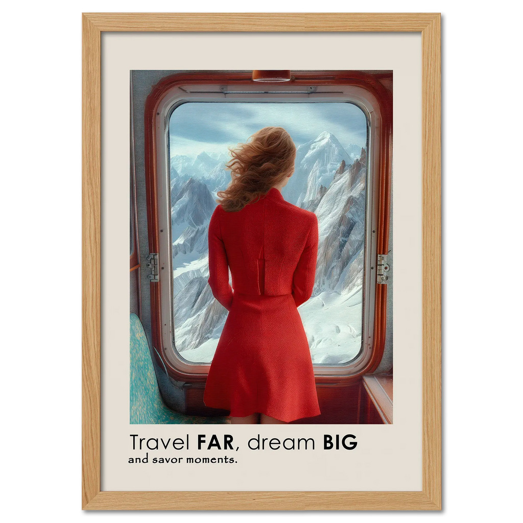 Big Journey - Poster featuring a woman in a red dress looking out at snowy mountains from a train window.