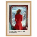 Big Journey - Poster featuring a woman in a red dress looking out at snowy mountains from a train window.