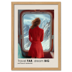 Big Journey - Poster featuring a woman in a red dress looking out at snowy mountains from a train window.