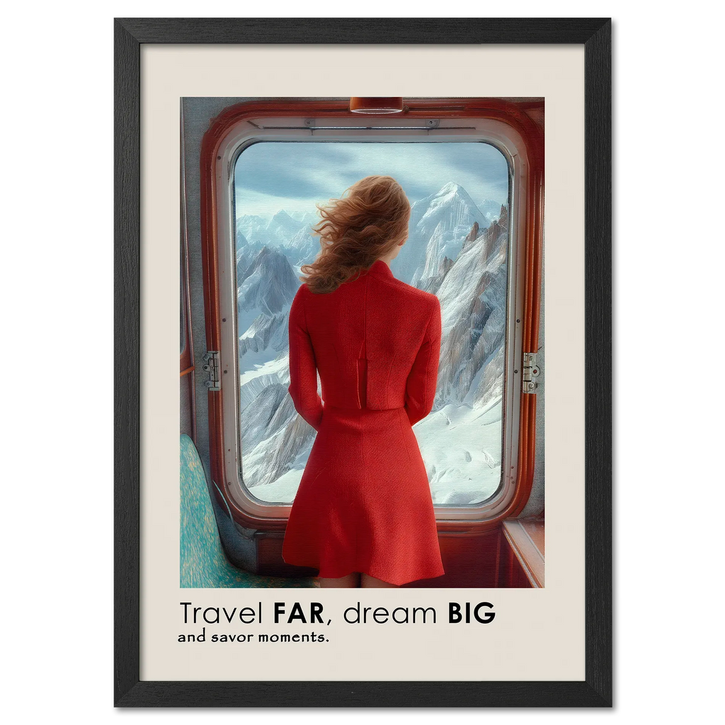 Big Journey - Poster featuring a woman in a red dress gazing at snowy mountains from a train window.