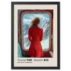 Big Journey - Poster featuring a woman in a red dress gazing at snowy mountains from a train window.