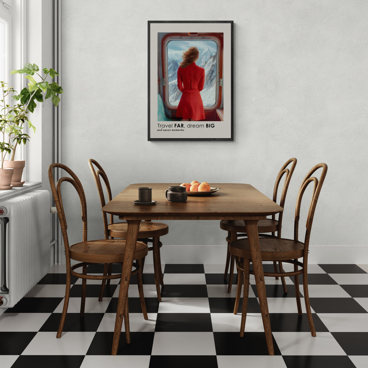 Big Journey - Poster in a modern dining room featuring a woman in a red dress looking out train window.